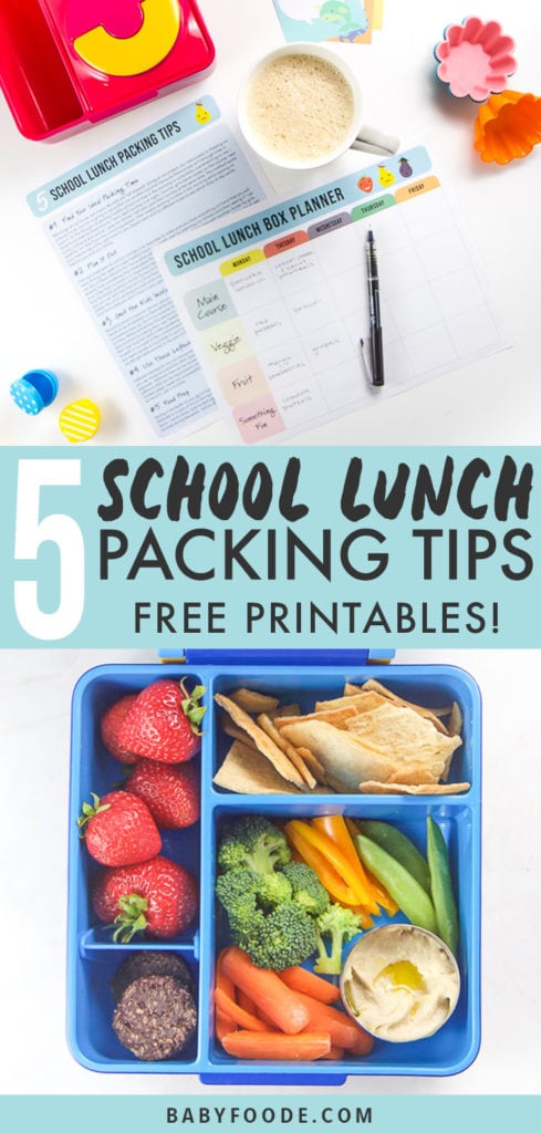 Graphic for post - 5 School Lunch Packing Tips - Free Printables! Images is of a lunch planner and also of a finished packed school lunch.