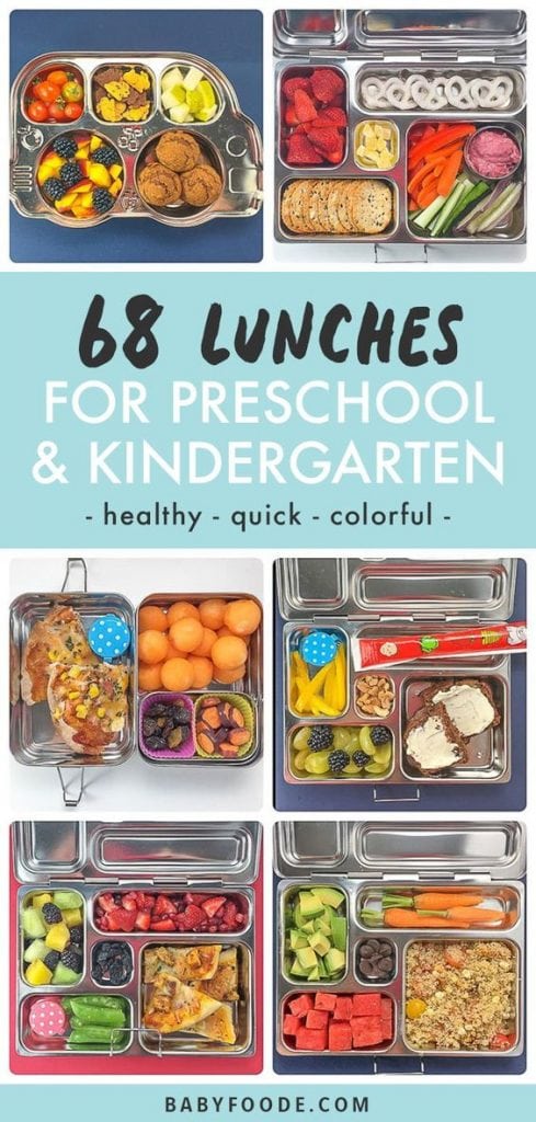 Graphic for post - 68 school lunches for preschoolers and kindergarteners with a grid of images with school lunches.
