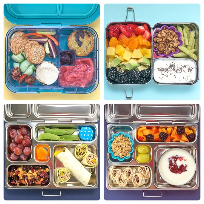 4 different school lunches in bento boxes against different backgrounds. 