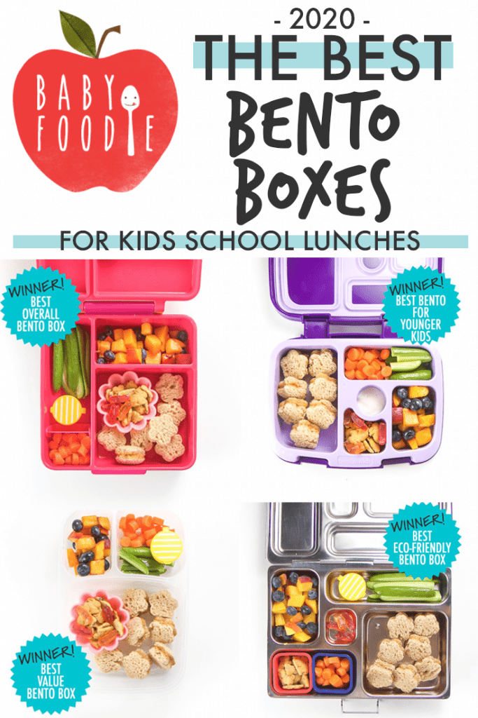 Graphic for Post - best bento boxes for kids school lunch. full review of top brands. With images of packed bento and a spread of the top brands.