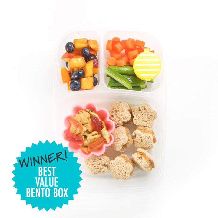 Plastic 3-section bento box for toddlers, preschooler and kids that is full of school food ideas.