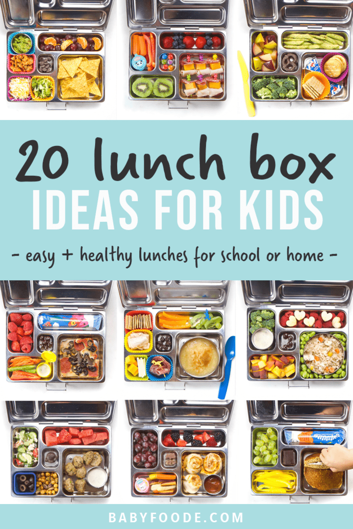 Graphic for post - 20 lunch box ideas for kids - easy and healthy lunches for school or home. Grid of images of lunch boxes for school for kids.