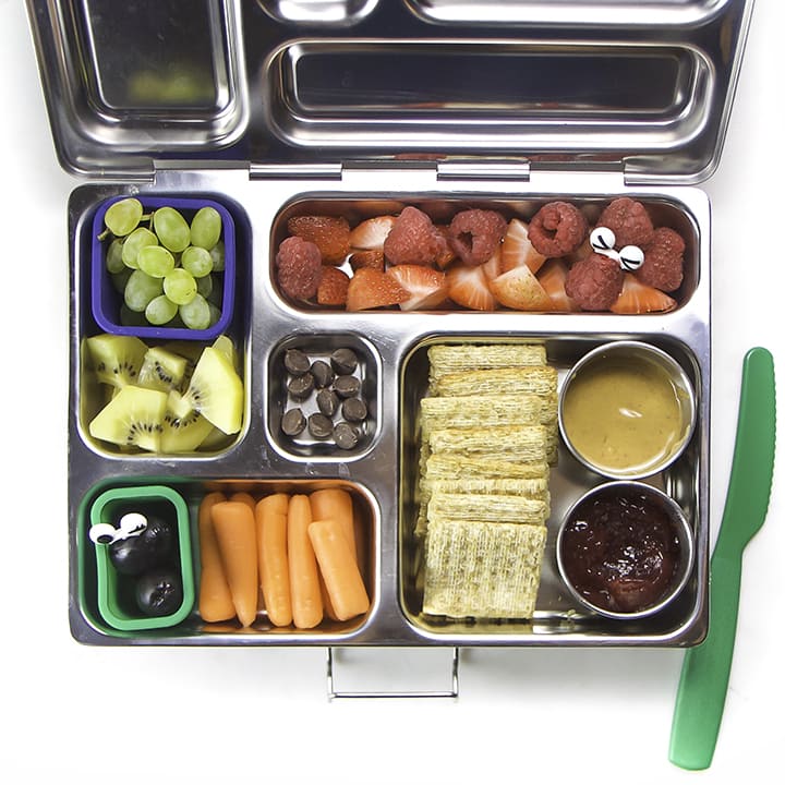 Colorful and healthy, this school lunch features healthy foods for kids.