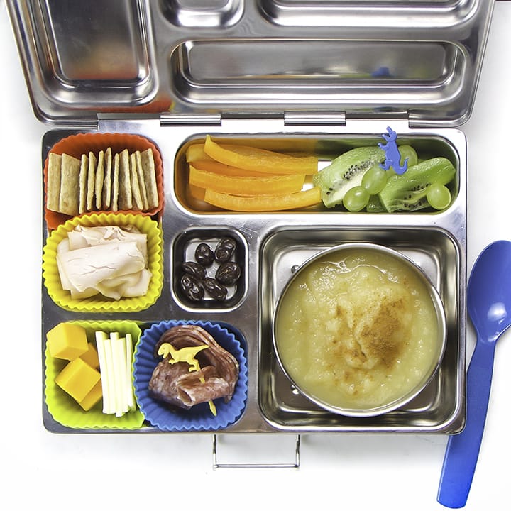 A kid friendly school lunch inside a bento box.