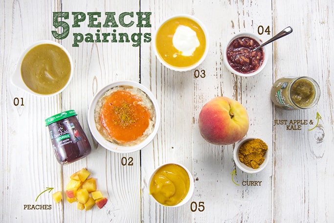 A spread of white bowls filled with an assortment of peach baby food combinations alongside a few jars of store bought baby foods. 