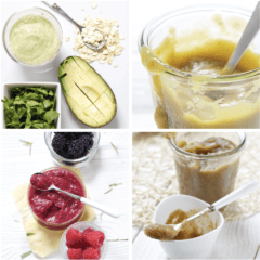 A grid of 4 different baby purees for breakfast.