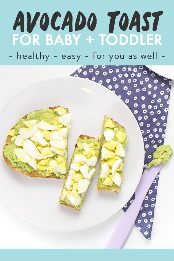 Two round white plates both filled with avocado and egg toast - one for baby and one for you. 