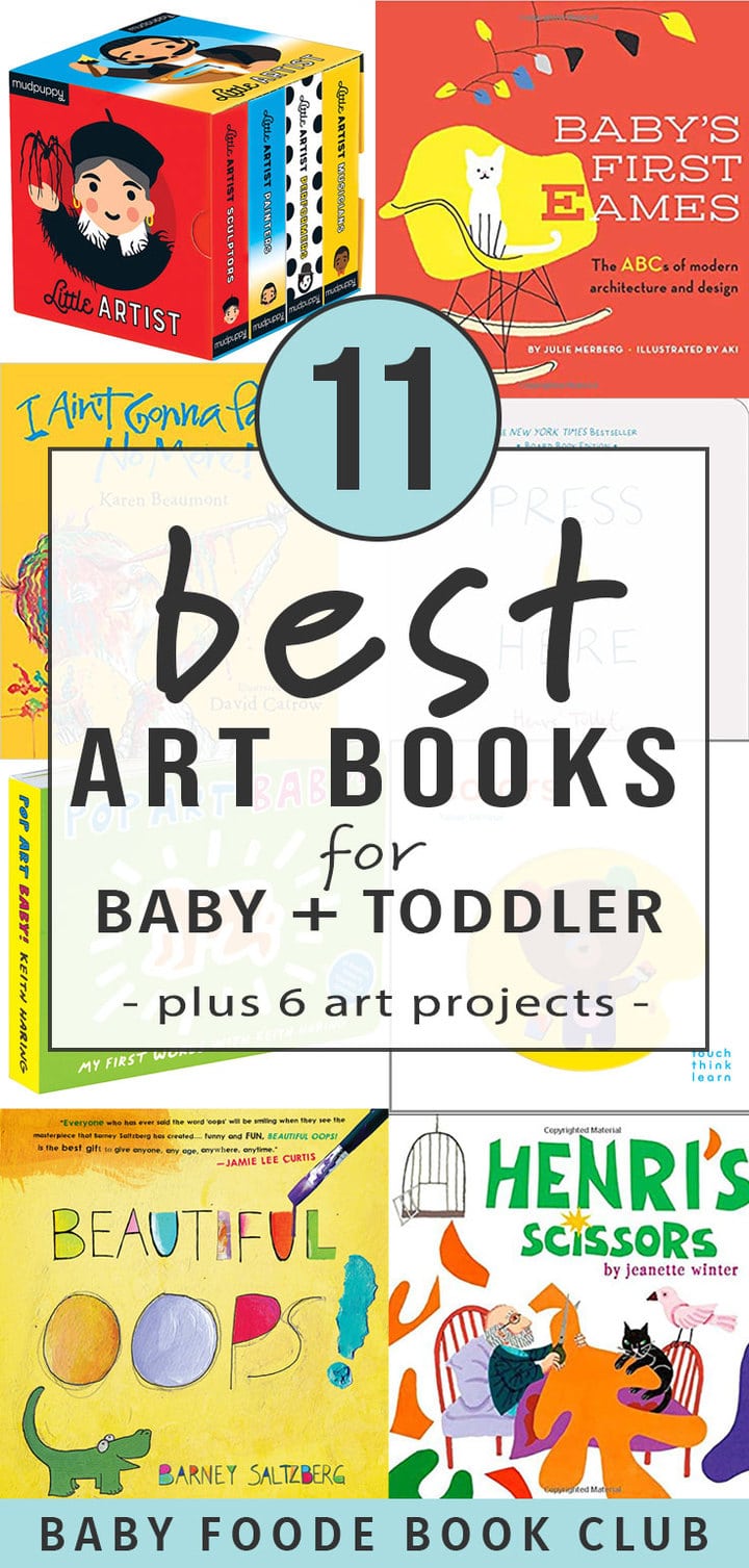graphic for post - best art books for baby + toddler with a collage of board books around it. 