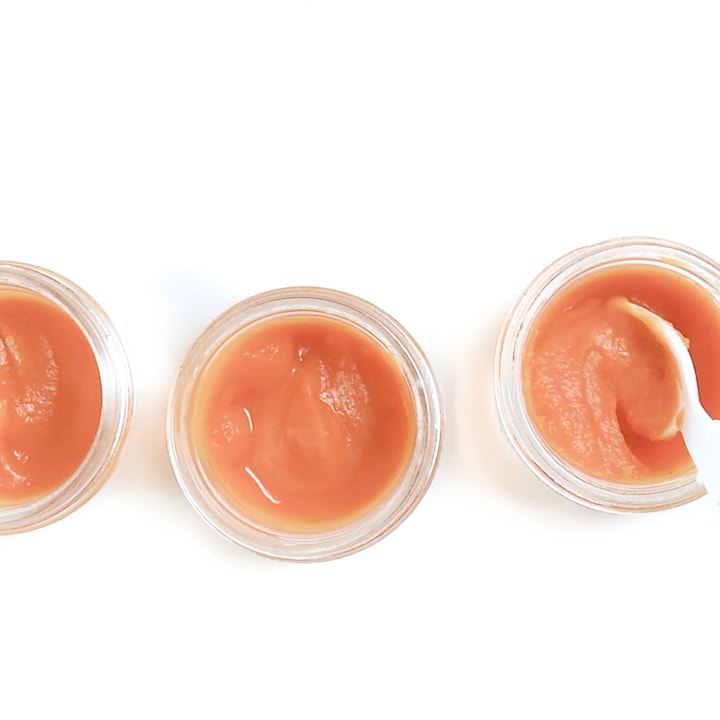 3 jars with thawed baby food purees.