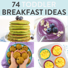 Graphic for post - 75 toddler breakfast ideas. images are in a grid with colorful kids plates on a white background.