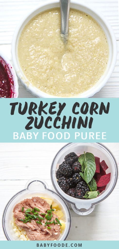 Graphic for post - Turkey, Corn, Zucchini Baby Food Pure with an image of 2 small white bowls full of summer baby food purees as well as a picture of 2 steamer baskets full of summer produce.