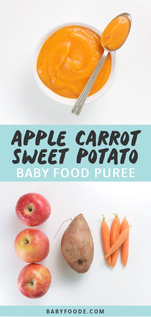 Graphic for post - apple, carrot and sweet potato baby food puree. Image is of a Small white bowl with spoon resting on top with homemade baby food puree inside as well as another image of produce on a white background.