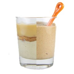 Clear cup - on one side is ingredients in the baby puree, on the other is the puree itself with an orange spoon inside.