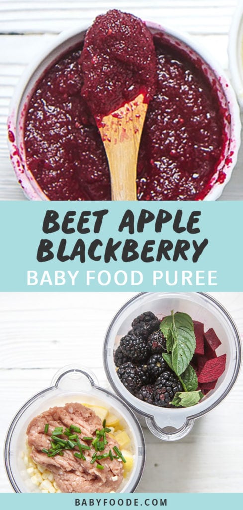 Graphic for post - Beet, apple and Blackberry Baby Food Pure with an image of 2 small white bowls full of summer baby food purees as well as a picture of 2 steamer baskets full of summer produce.