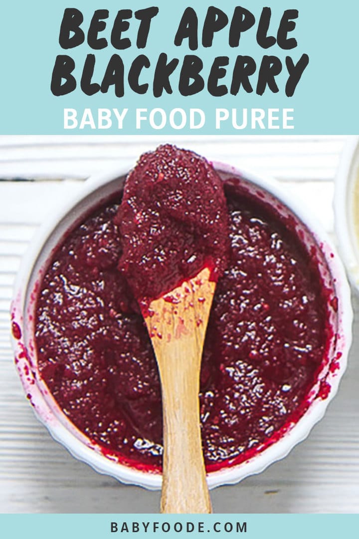 Graphic for post - Beet, apple and Blackberry Baby Food Pure with an image of 2 small white bowls full of summer baby food purees.