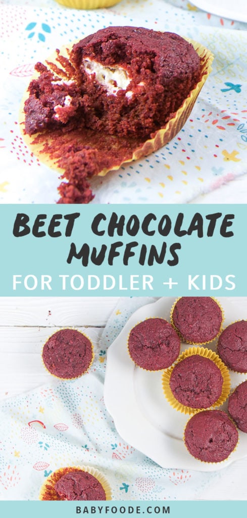 Graphic for Post - Beet Chocolate Muffins for Toddler + Kids. Image is of a Beet muffin half way unwrapped sitting on a napkin as well as an image of a plate full of muffins.