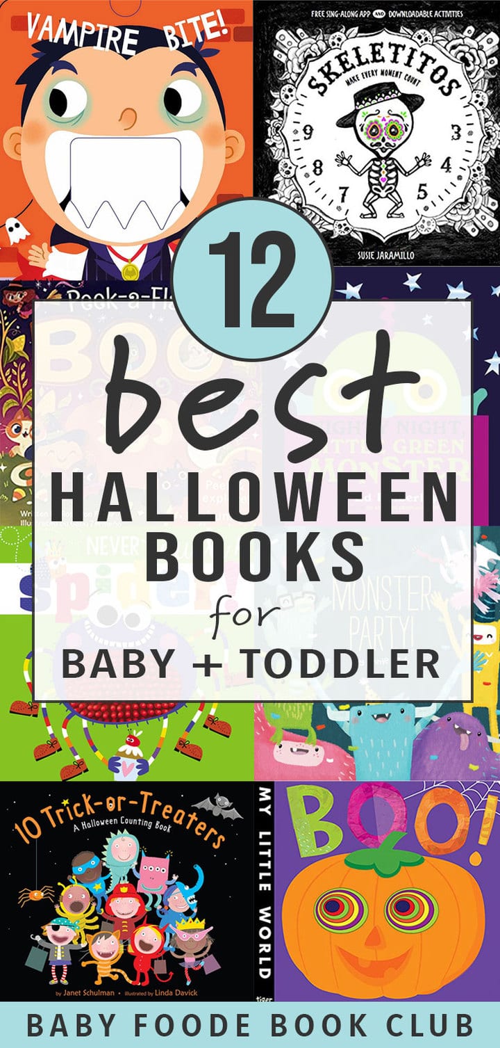 Graphic for post - 12 Best Halloween Books for Baby and Toddler with a grid of book covers. 