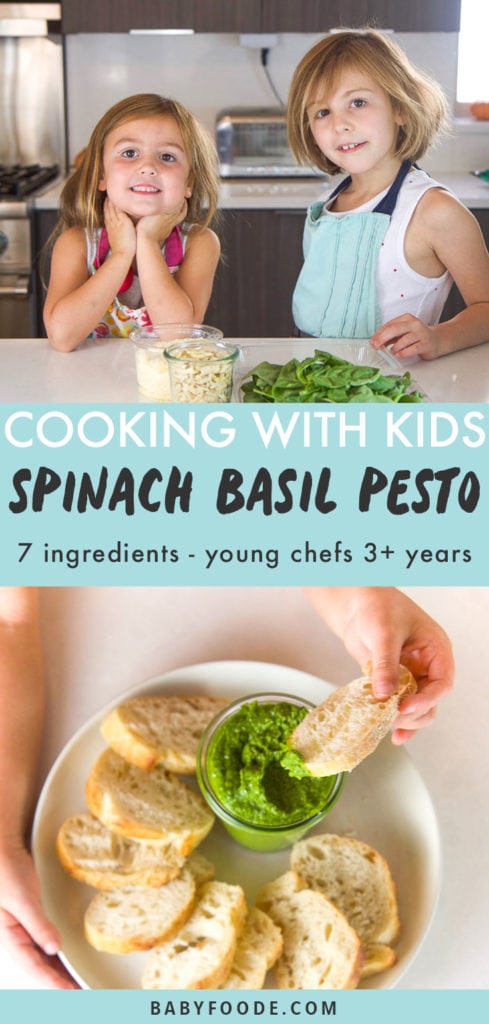 Graphic for post - cooking with kids - spinach basil pesto - 7 ingredients - young chefs 3+ years with an image of kids in the kitchen and a hand dipping a piece of bread into pesto.