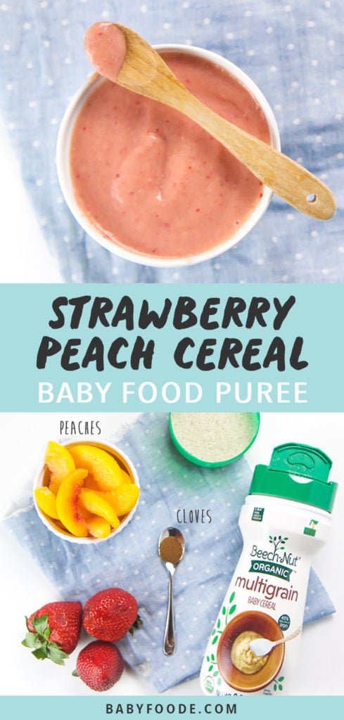 Graphic for post - strawberry peach cereal baby food puree. image is of a Small white bowl filled with baby cereal for breakfast as well as a photo of Produce and multigrain cereal scattered on a white background.