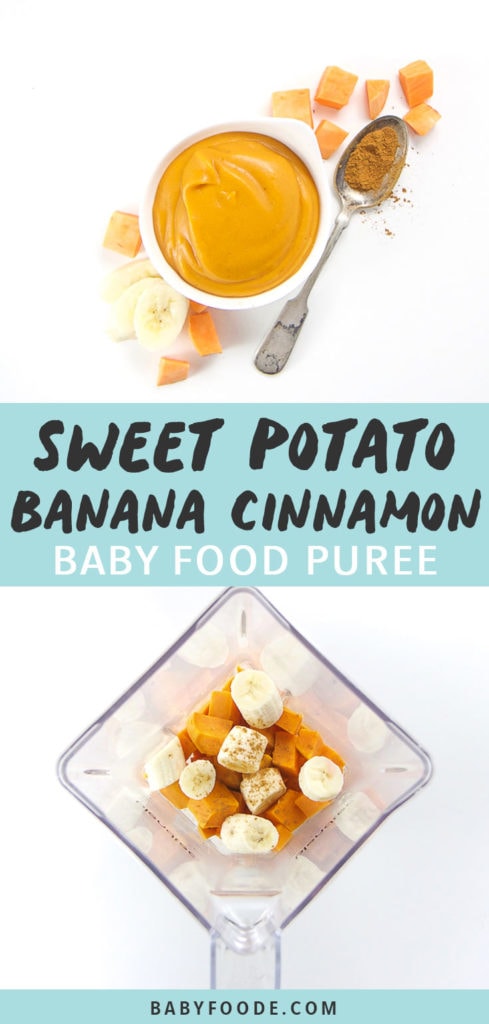Graphic for Post - sweet potato, banana and cinnamon baby food puree. Image is of a small bowl filled with a homemade baby food puree with the other image being of a blender filled with cooked produce to make puree.