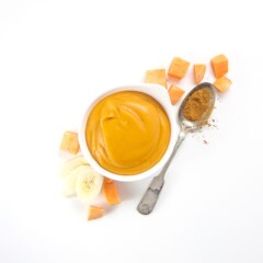 creamy and smooth bowlful of baby food puree with produce scattered around it.
