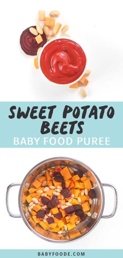 Graphic for Post - Sweet Potato, White Beans and Beets Baby food Puree. Small white bowl filled with homemade baby food puree surrounded by produce as well as an image of a steamer basket filled with produce.