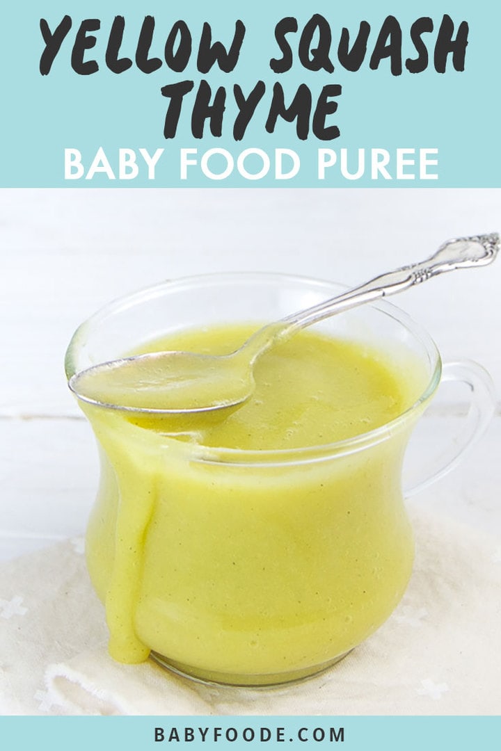 Graphic for Post- Yellow Squash Thyme Baby Food Puree. Image is of a Small clear jar filled with homemade squash thyme baby food puree.