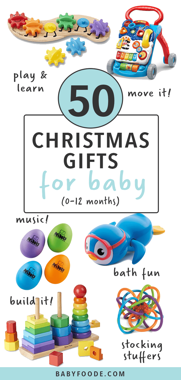 Graphic for Post- 50 Baby Christmas Gifts - 0-12 months. Images spread out of different fun and interactive baby toys.