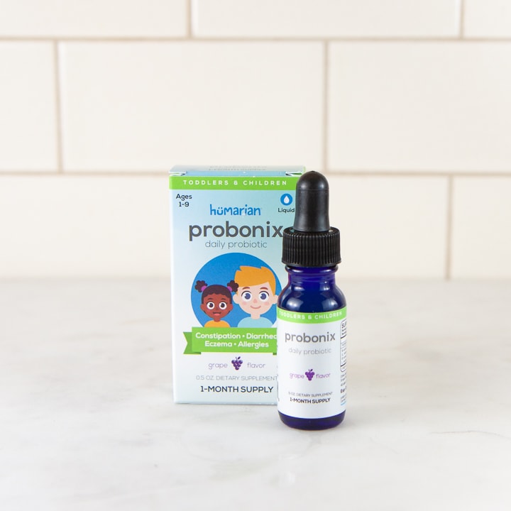 A box and a bottle of Probonix brand probiotics for baby and toddler.
