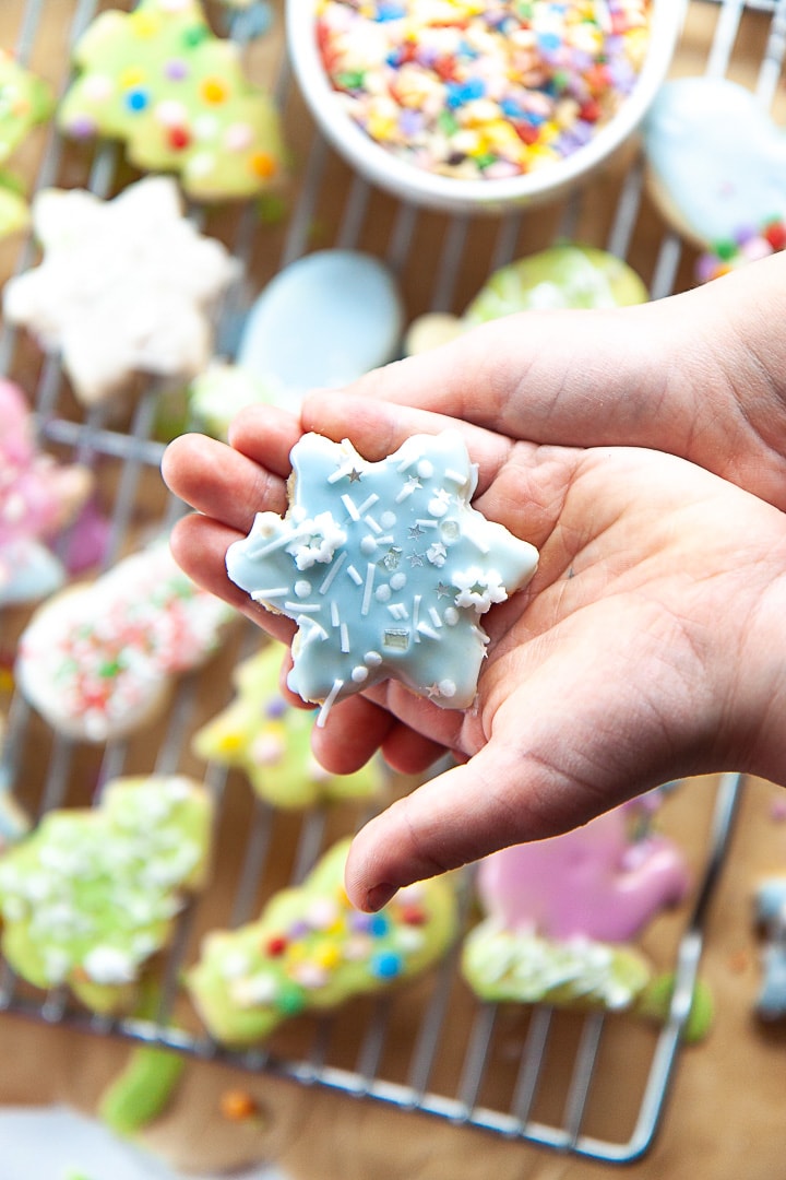 Hands holding a healthy snowflake cookie.