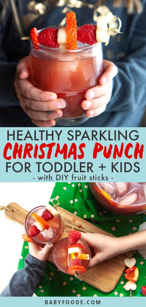 Graphic for Post - Healthy Sparkling Christmas Punch for Toddler + Kids.- with DIY fruit sticks with image of Small girl holding a glass of healthy Christmas punch and a spread of all of the ingredients.