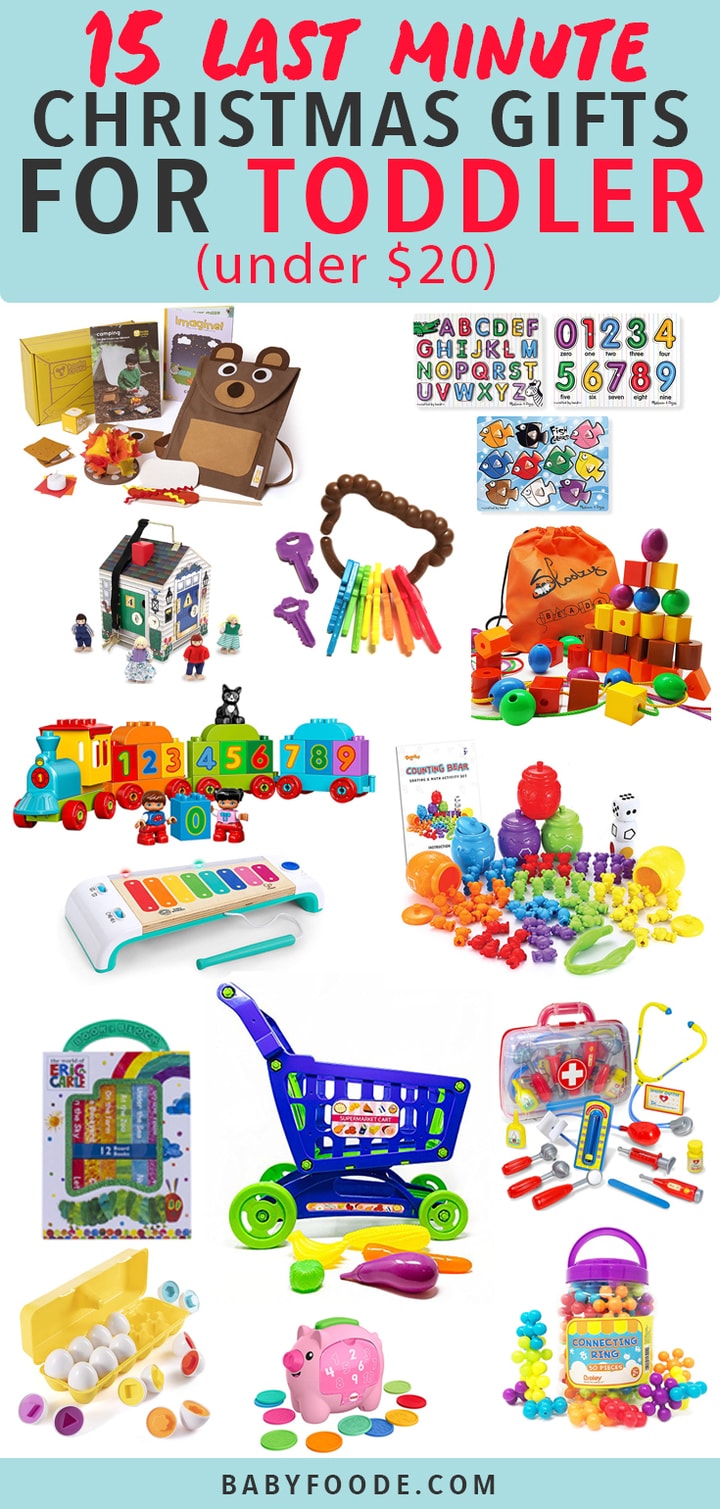 Graphic for post - 15 Last Minute Christmas Gifts for Toddler (under $20) with a spread of a colorful gifts. 