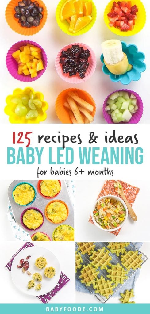Pinterest collage for a post about baby led weaning foods, recipes, and tips.