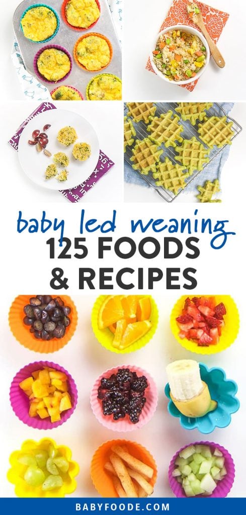 Pinterest collage for a post about baby led weaning foods, recipes, and tips.
