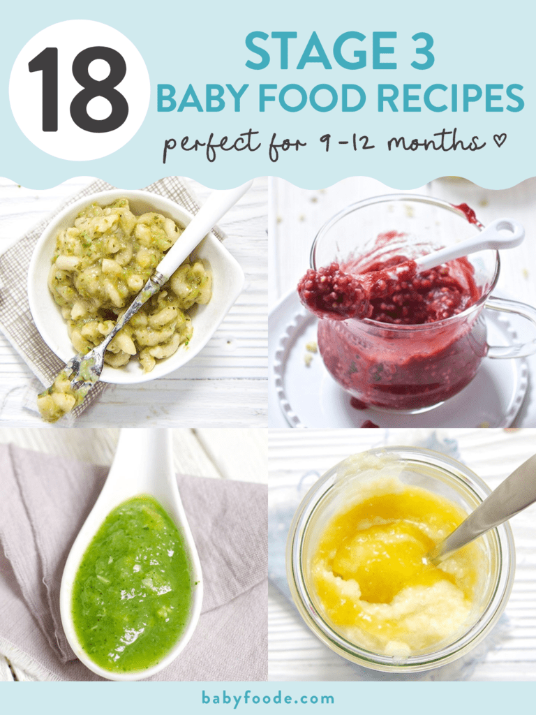 Graphic for post – 18 stage three baby food recipes, perfect for 9–12 months. Images are in a grid with colorful chunky purées for baby.