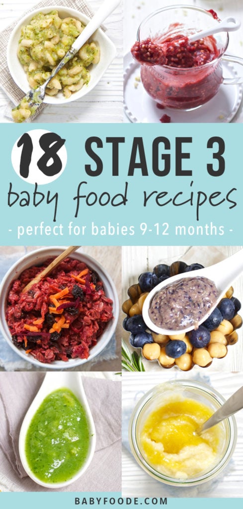 Graphic for Post - 18 stage 3 baby food recipes - perfect for babies 9-12 months. Images are a grid of chunky combination purees.