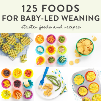 Grid of baby led weaning starter foods and recipes.