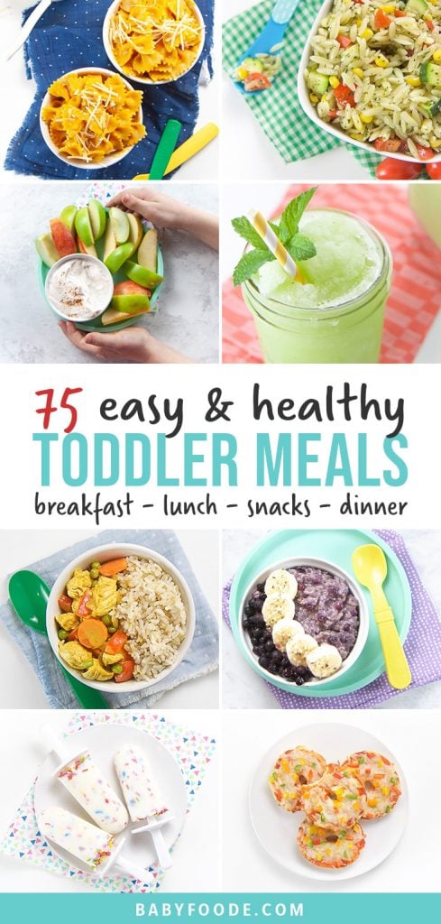 Pinterest collage for a post about healthy toddler recipes - breakfast, lunch, dinner, snacks, and treats.