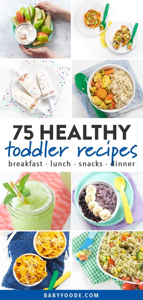 Pinterest collage for a post about healthy toddler recipes - breakfast, lunch, dinner, snacks, and treats.