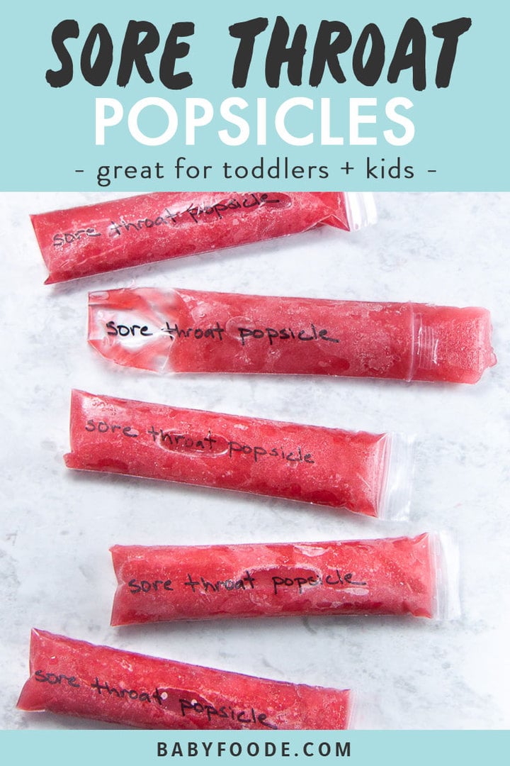 Graphic for post - Sore Throat Popsicles - great for toddlers and kids. Images of frozen popsicles. 