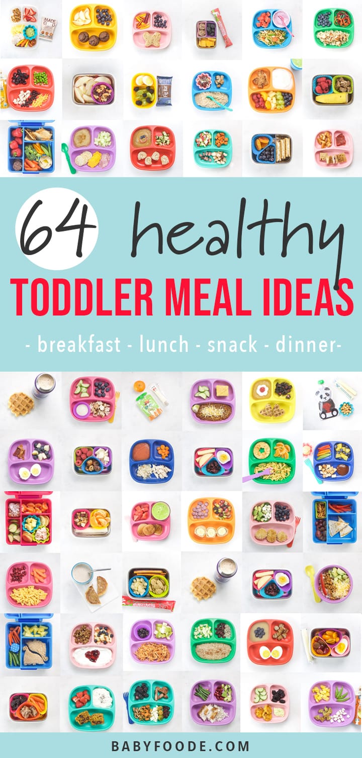 Graphic for post - 64 toddler meal ideas - breakfast - lunch - dinner - snacks with a large grid of different toddler meals on colorful plates .