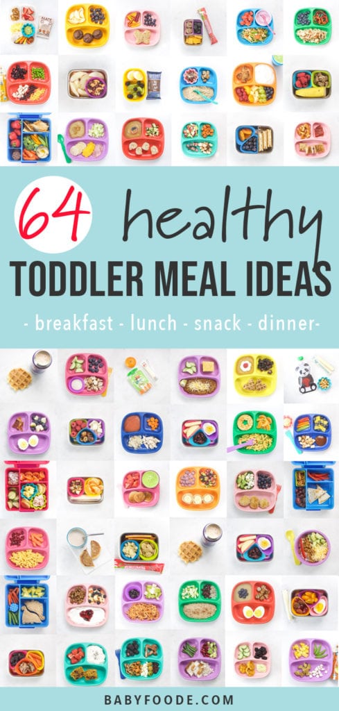 Graphic for post - 64 toddler meal ideas - breakfast - lunch - dinner - snacks with a large grid of different toddler meals on colorful plates .