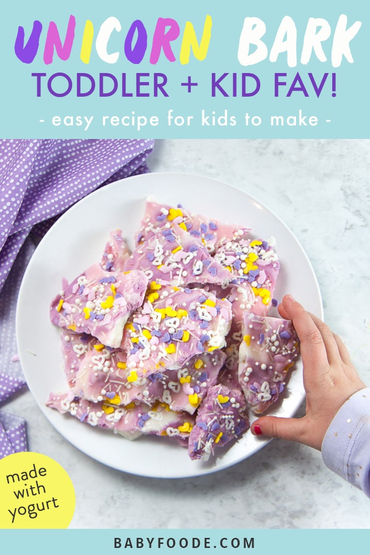 Graphic for post - unicorn bark - toddler and kid fav! - easy recipe for kids to make - made with yogurt. Images are of a square pan of frozen bark and of a hand reaching for the bark. 