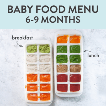 GRAPHIC FOR POST – BABY FOOD MENU 6 TO 9 MONTHS. IMAGE IS A BAY MARBLE COUNTERTOP WITH TWO WHITE TRAYS OF BABY FOOD WITH VARIOUS FLAVORS AND COLORS.