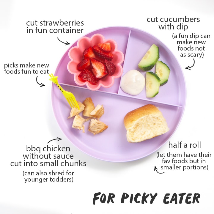picky eater plate gives tips on how to serve the bbq chicken to picky eaters.