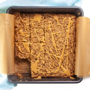 banana peanut butter oatmeal bake with slices cut out.