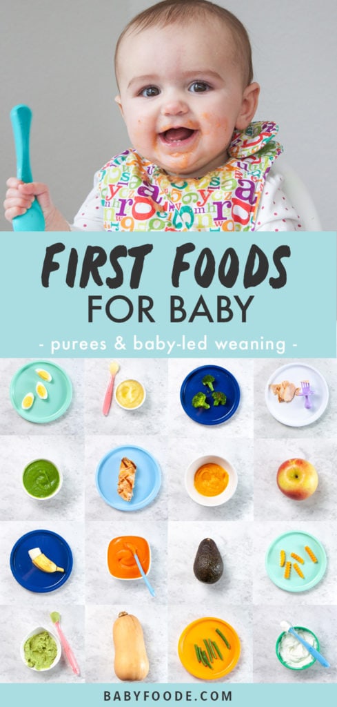 Graphic for post - best first foods for baby - purees or baby led weaning. With pictures of a baby eating and a grid of plates with both baby purees and finger foods on them.
