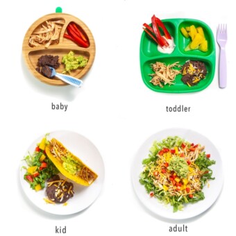 Grid of plates featuring the Salsa chicken tacos for each family member.