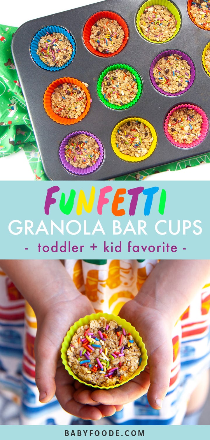 Graphic for Post - Funfetti Granola Bar Cups - toddler and kid favorite. Images are of a muffin tin filled with colorful liners and filled with granola bars and hands holding a granola bar cup. 