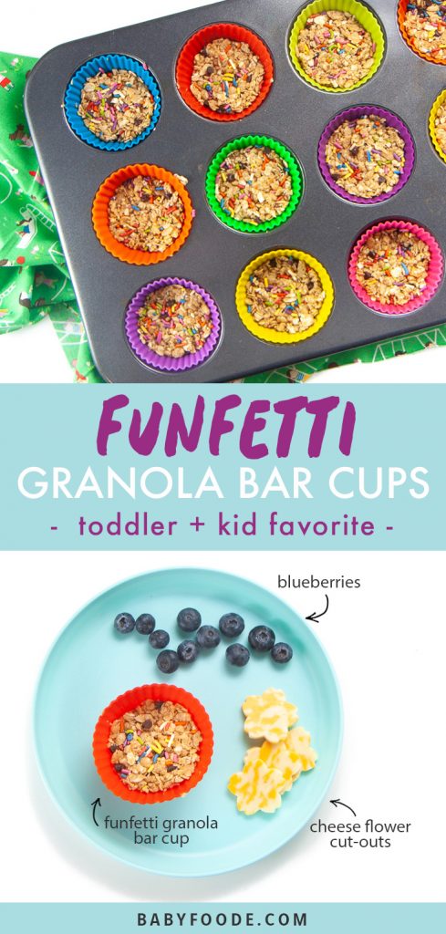 Graphic for Post - Funfetti Granola Bar Cups - toddler and kid favorite. Images are of a muffin tin filled with colorful liners and filled with granola bars and a kids snack plate.